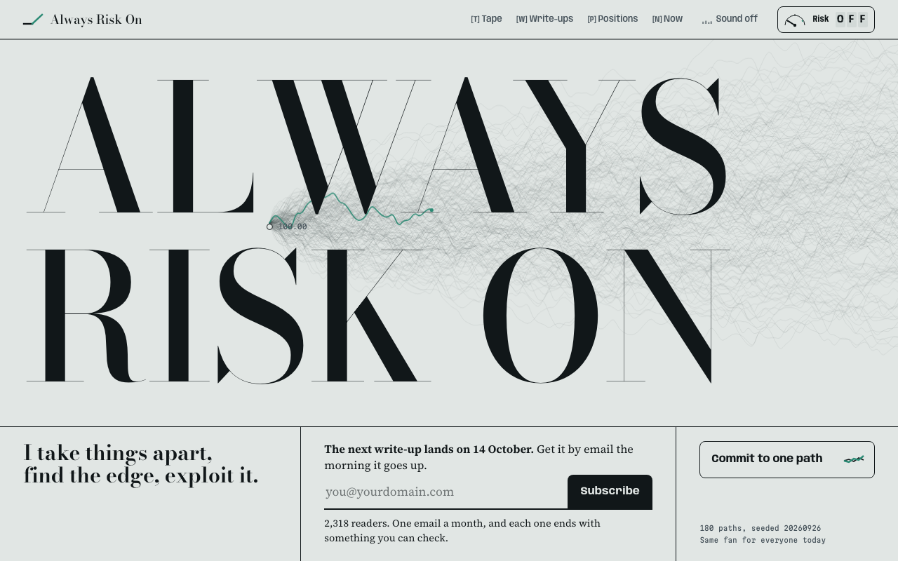 The approved home page draft in risk off, with the fan of price paths behind the wordmark